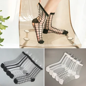 

Newly 1 Pair Spring Summer Women Soft Socks Casual Non-Slip Bottom Splice Fashion Transparent Ladies Girls Thin Silk Sock