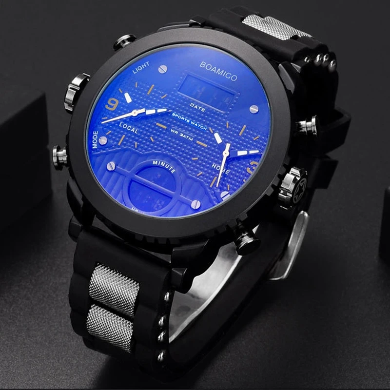 Спорт Boamigo Для мужчин Водонепроницаемый часы 3 часовой пояс спортивные часы мужской светодиодный цифровой Кварцевые наручные часы
