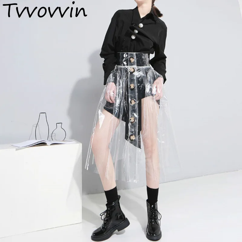 Tvvovvin 2019 Весна Новая мода личности Высокая талия кнопку прозрачный Асимметричная юбка двойные карманы Для женщин E077