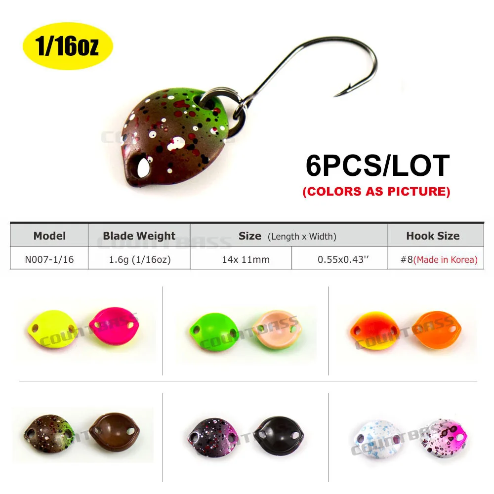 6PCS Countbass Casting Spoon With Korean Single Hook, Size 14x11mm, 1.6g 1/16oz Salmon Trout Pike Bass Fishing Lures, Fish Bait