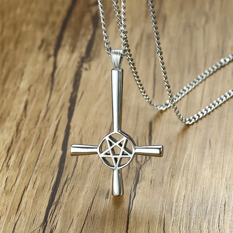 

Satanic Men Necklace Upside Down Inverted Cross Pendant Pentagram Star Pewter Satan Regilious Jewelry