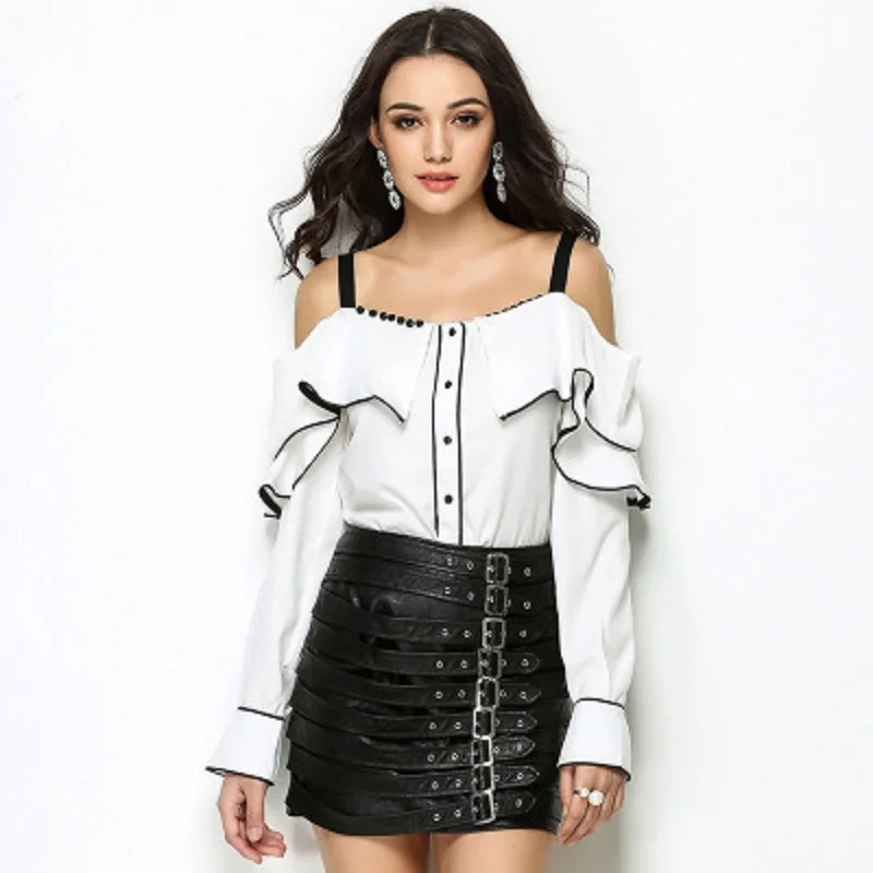 

2019 Summer Sexy Slash Neck Women Blouse Shirt Designer Ruffle Spaghetti Strap Butterfly Sleeve Women Blouses Tops Clothing