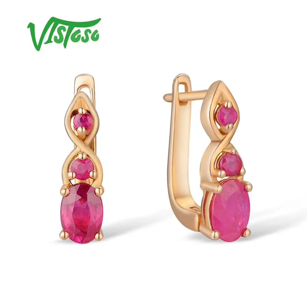 

VISTOSO Gold Earrings For Women Authentic 14K 585 Rose Gold Shimmering Red Ruby Wedding Band Engagement Anniversary Fine Jewelry