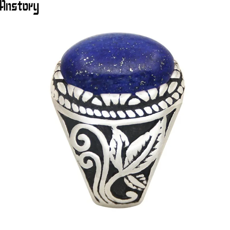 Oval Lapis Lazuli Stainless Steel Rings Natural Stone Leaf Plant Vintage Fashion Jewelry TR730