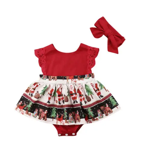 

Baby Girls Xmas One-piece Bodysuit Toddler Kids Baby Girls Santa Christmas Ruffle Bodysuits+Headband Set 2Pcs Sunsuit Outfits