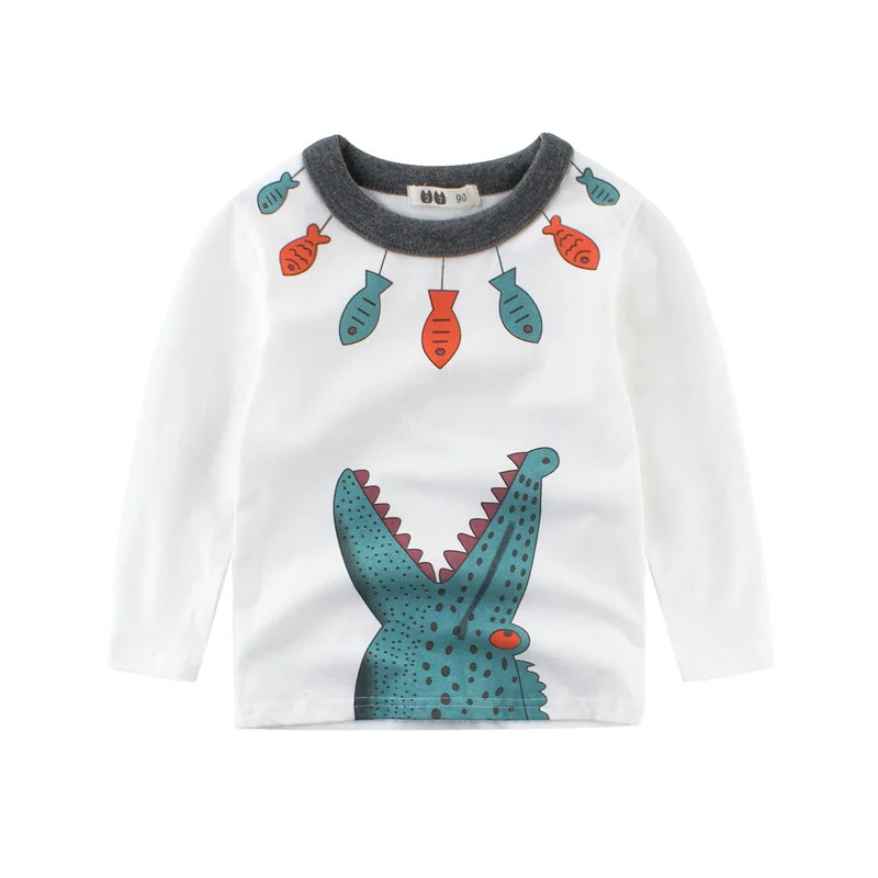 

2019 Spring New Baby Cartoon Cute Crocodile Pattern Print T-shirt Children Long Sleeve Round Neck Pure Cotton Tops