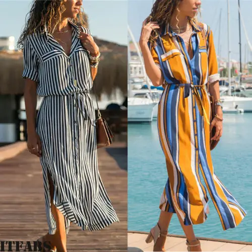 Women's Summer Casual Long Maxi Evening Party Beach Dress Sundress Blouse Shirt