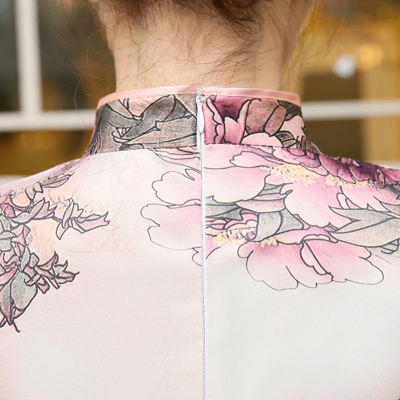 Атласное винтажное платье Qipao 20 s летний шарф с изображением пионов Cheongsam Vestido Chines