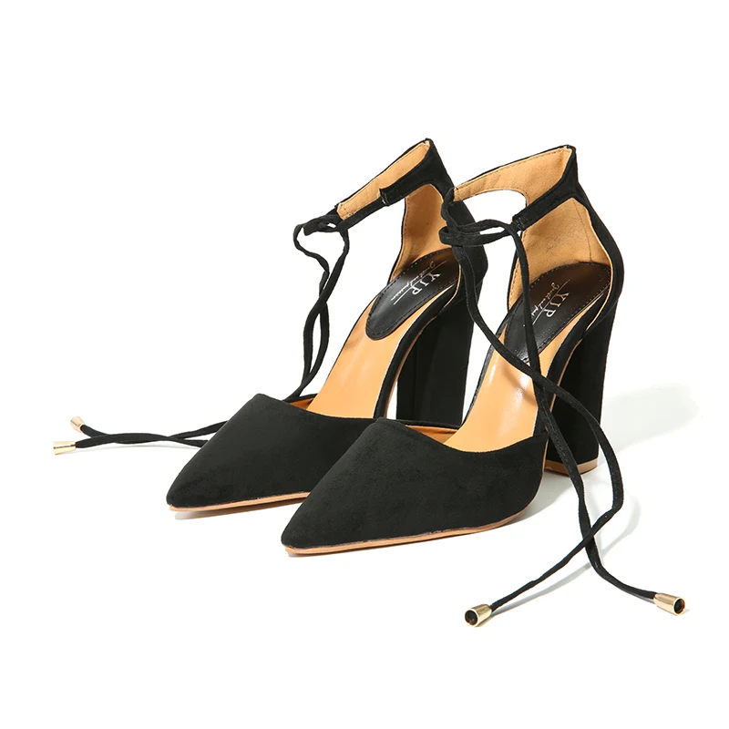 

NIS Women 10.5cm Pumps Shoes, Black/Wine Red/Nude Flock Pointed Toe Ankle Strap High Heels Shoes, Ladies Sexy Chunky Heel Shoe