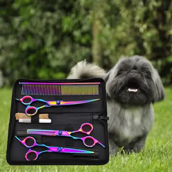 

Pet Hair Cut 7 Inch Colorful Scissors Set 7 Inch Curved 6 Inch Flat 6 Inch Tooth Scissors Bag Maintenance Oil Cloth Comb