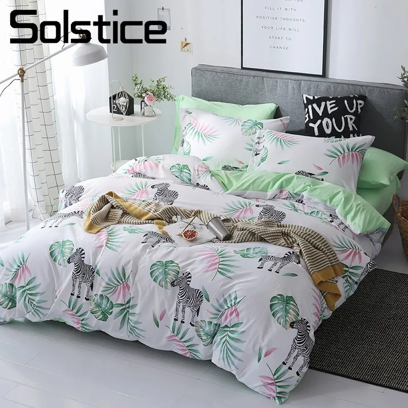 

Solstice Home Textile Twin Full Duvet Cover Pillowcase Flat Sheet Green Zebra White Bedding Set Kid Teen Girl Bed Linens 180*220