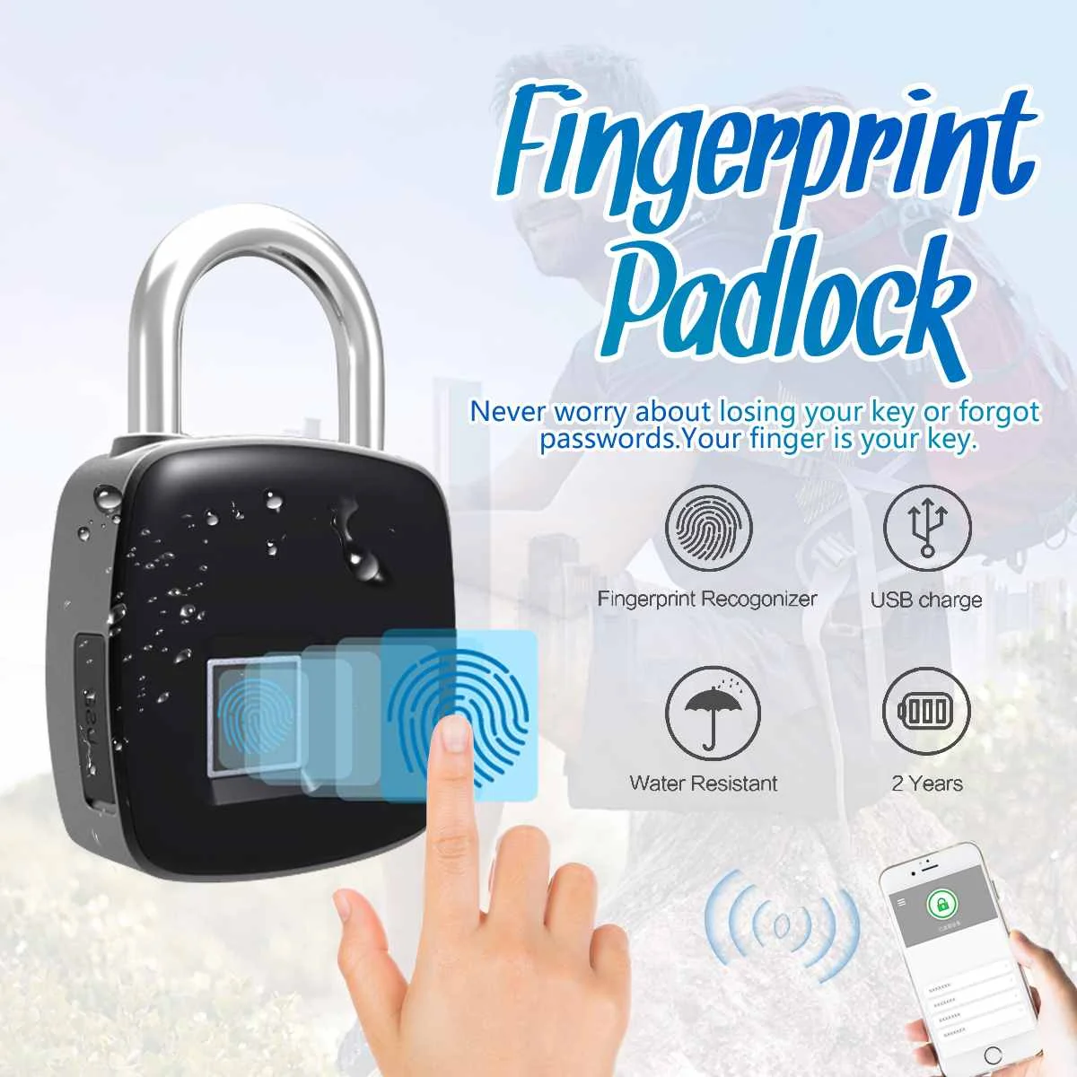 

Smart Keyless Fingerprint Lock USB Rechargeable Access bluetooth APP Security Padlock Door Luggage Case Lock For Android iOS