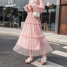 Новая зимняя Милая длинная бархатная юбка с подкладкой, плиссированная юбка для женщин, одноцветная Милая сетчатая юбка с подкладкой