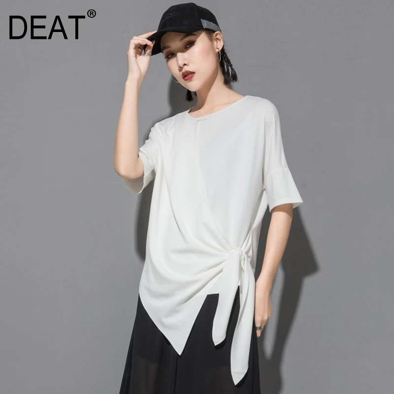 

[DEAT] 2019 New Autumn Winter Round Neck Short Sleeve Black Hem Irregular Bandage Bow Big Size T-shirt Women Fashion Tide JS94