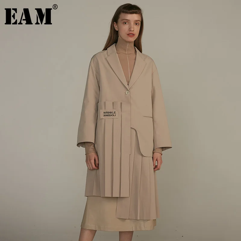 

[EAM] 2019 New Autumn Winter Lapel Long Sleeve Khaki Irregular Hem Pleated Split Joint Windbreaker Women Trench Fashion JQ483