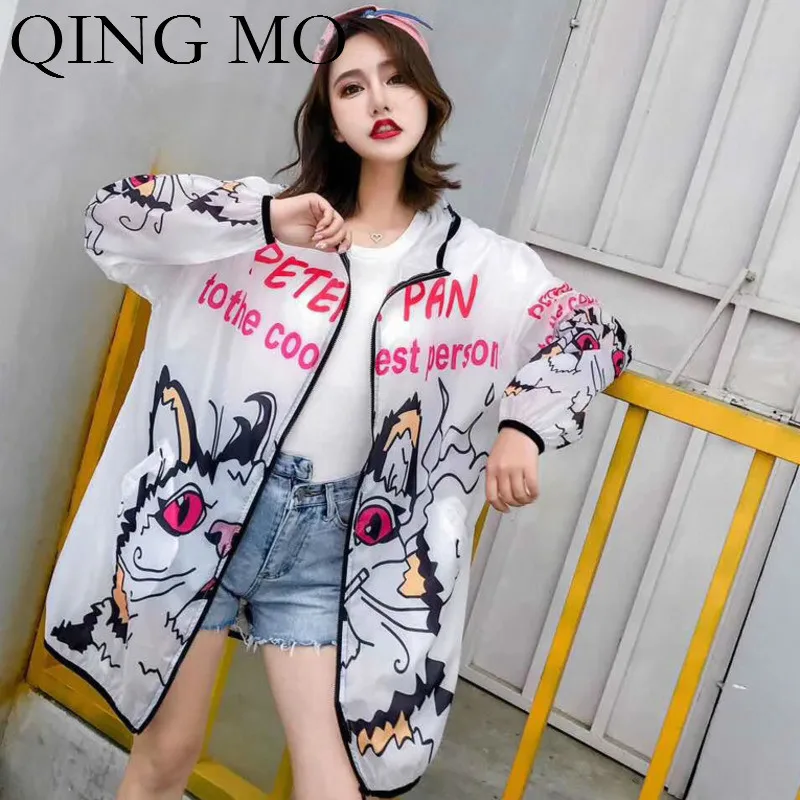 QING MO Женское пальто с принтом кота из мультфильма 2019 летнее женское