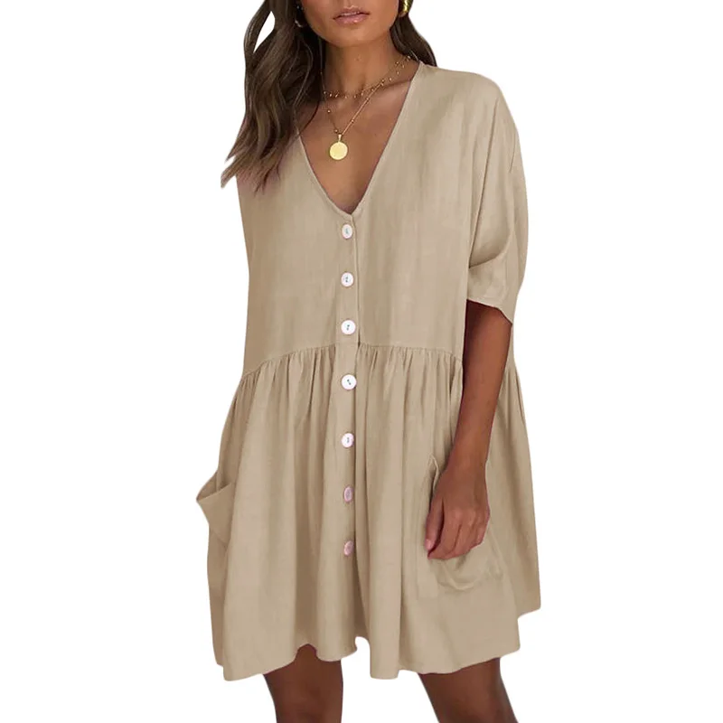 Casual V Neck Half Sleeve Pockets Shift Dresses