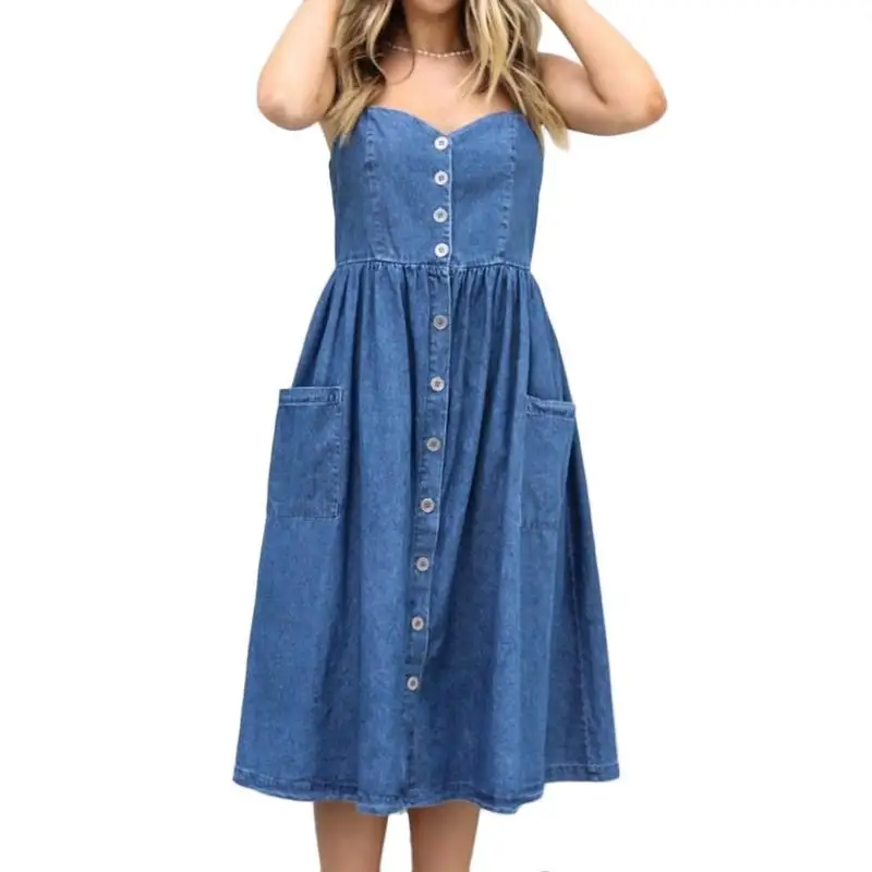Women S Vintage Button Denim Dress Loose Stitching Type Casual