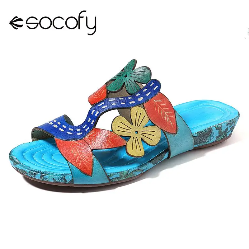 

SOCOFY Bohemia Genuine Leather Flowers Leaves Splicing Comfortable Stitching Slip On Sandals Retro Bohemian Ladies Shoes New