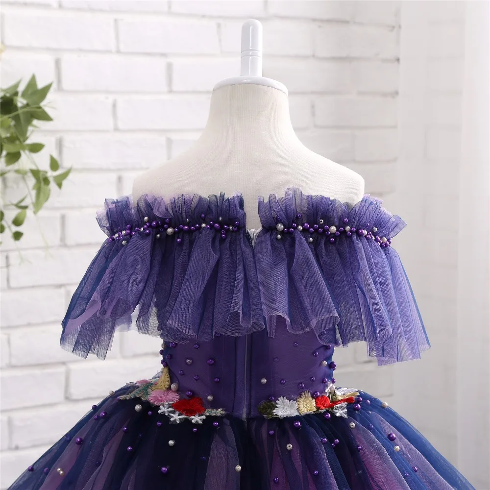 Фиолетовый Платье в цветочек для девочек пол Длина Vestidos De Primera Comunion Лодка шеи фотографии детей свадьбы Вечерние Платье