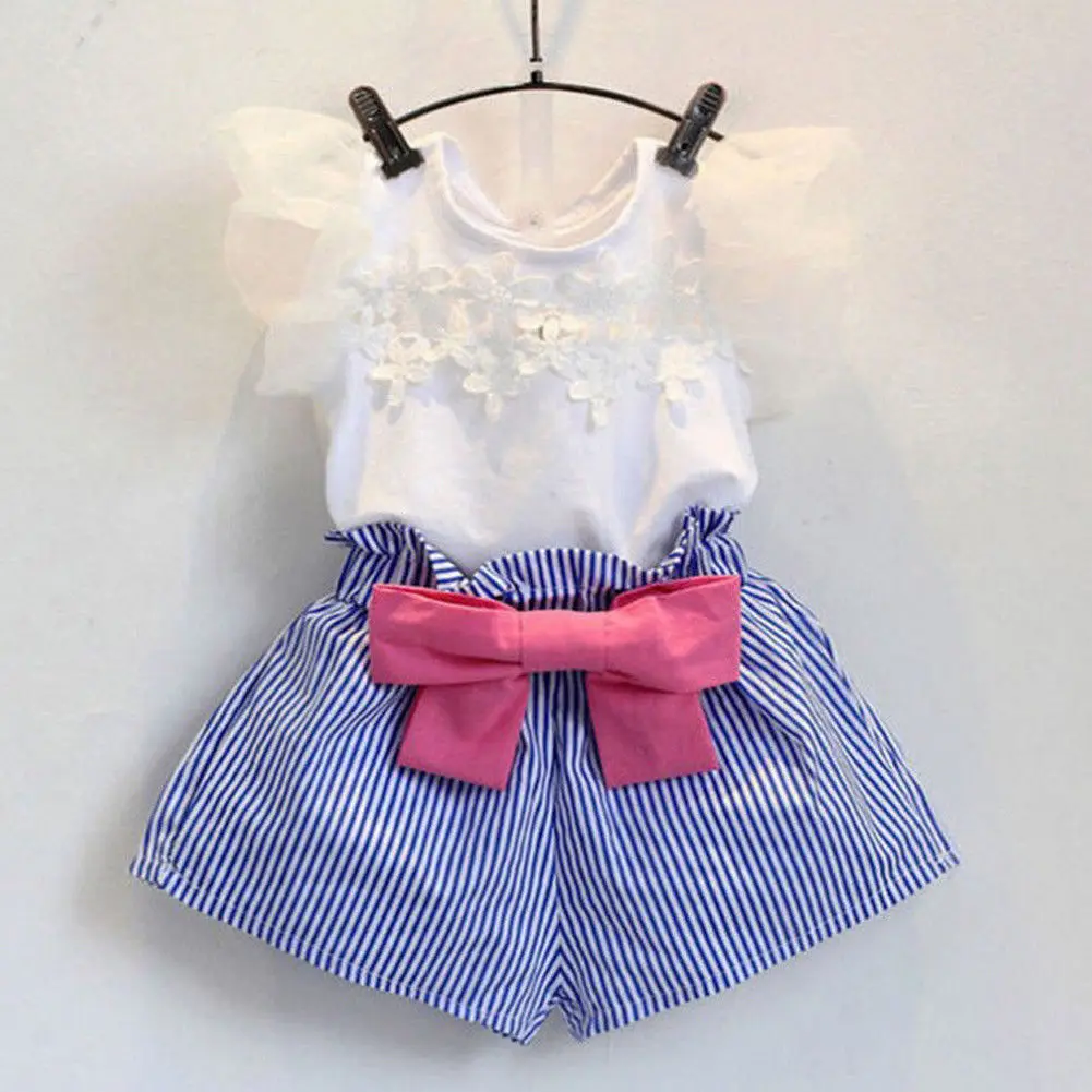 

2019 New Children Kids Baby Girl Lace White Vest Tops T shirt+ Short Striped Pants Outfit Set sweet and cute Princess Clothes