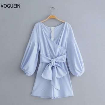 

VOGUEIN New Womens Sexy V-Neck Striped Print Long Sleeve Bow Belt Jumpsuit Playsuit Wholesale