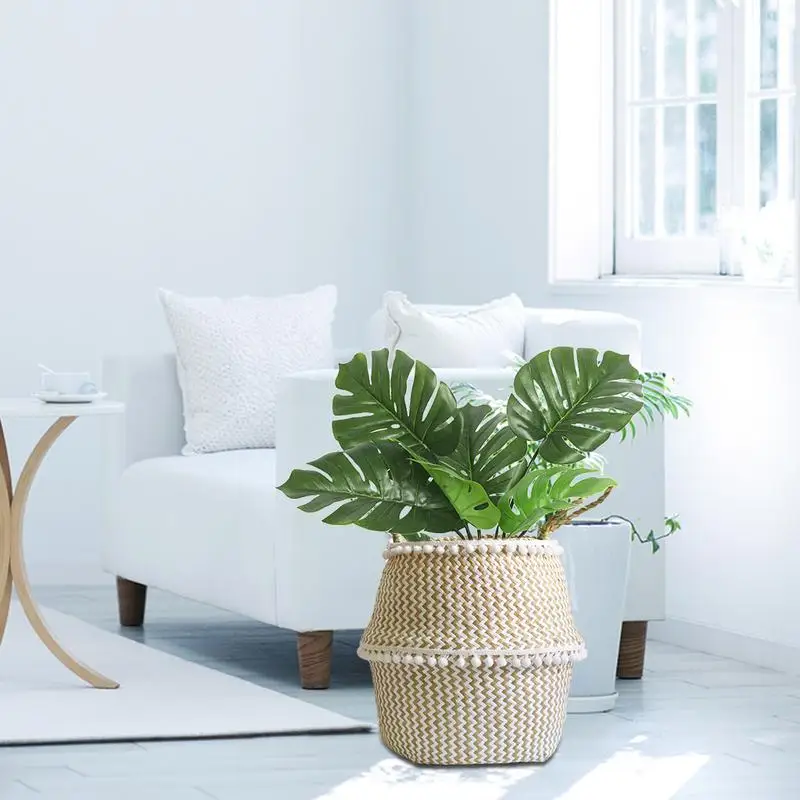 الأعشاب البحرية الطبيعية المنسوجة المحمولة سلة تخزين الألعاب Lacework الشمال نمط مصنع زهرة الأواني اليد معقود طوي زهرة الأواني