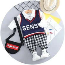Spring Autumn Baby Boy Girl Clothing Toddler Cotton Letter Sweater Vest T Shirt Plaid Pants 3pcs/set Children Fashion Sport Suit Spring Autumn Baby Boy Girl Clothing Toddler Cotton Letter Sweater Vest T Shirt Plaid Pants 3pcs/set Children Fashion Sport Suit