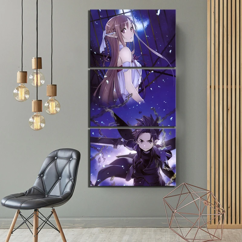 3 шт. меч искусство онлайн плакаты картины Сан Юки Асуна и Kirito картина HD холст для