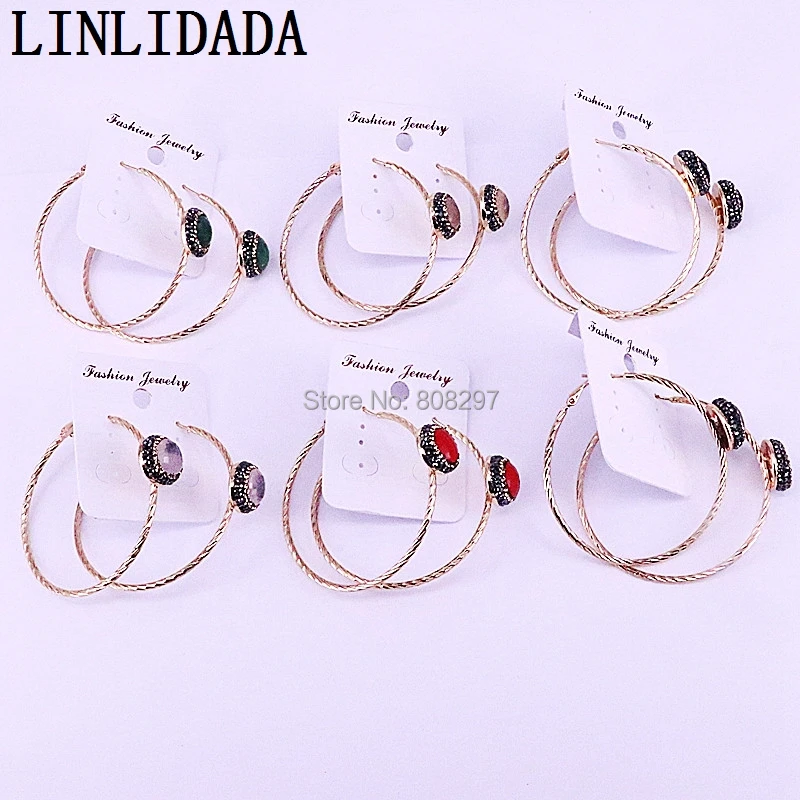 

5Pair Rhinestone Paved Nature Stone Metal Round Circle Hoop Earrings Women Party Wedding Fashion Earrings