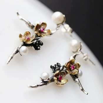 

925 Solid Sterling Silver Fashion Jewelry Freshwater Pearls Cherry Blossoms Branch Post Stud Earrings Women A1779