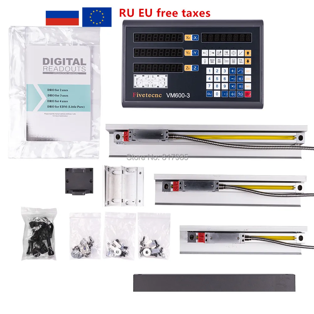 

Fivetecnc DRO 3 axis Digital Readout counter+3pcs linear scale travel 100-1020mm for milling lathe machine complete set