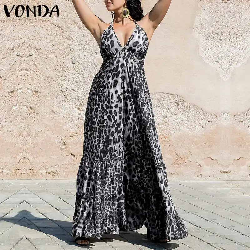 

VONDA Women Sexy Leopard Dress 2019 Summer Spaghetti Strap Ruffle Swings Maxi Long Dress Plus Size Sleeveless Party Vestido