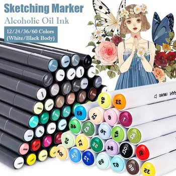 

Deli Markers Pen Set 12/24/36/48/60 Colors Manga Sketch Marker Dual Headed Drawing Alcohol Based Art Brush Pens Art supplies