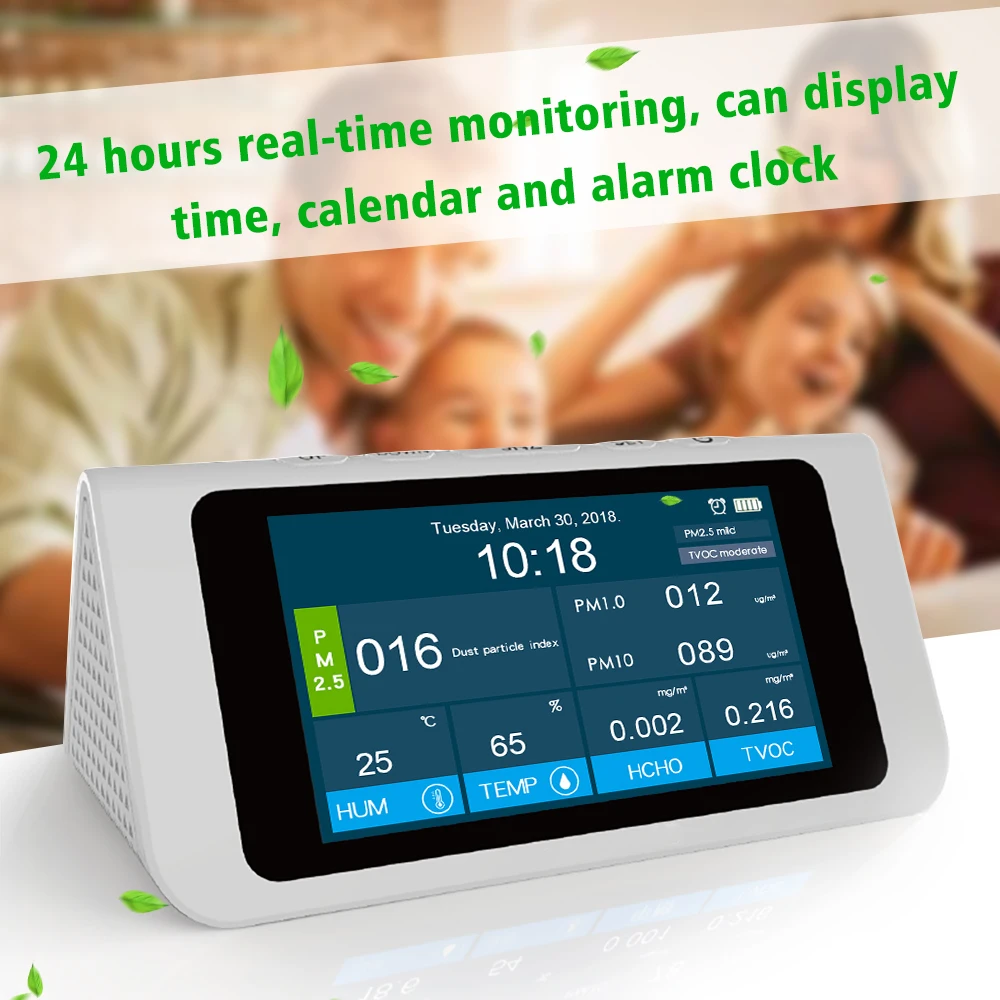 

8 in 1 Air Quality Monitor Professional PM2.5 Detector PM1.0 PM10 HCHO TVOC AQI Analyzer Thermometer Hygrometer Calendar Clock