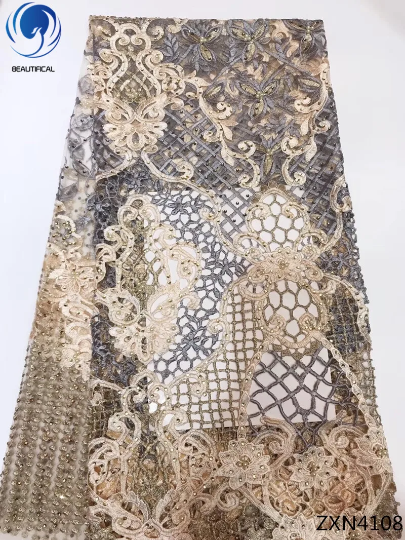 

Beautifical french net lace fabrics with beads 2018 net lace fabrics african laces beads embroidered for women 5yards/lot ZXN41
