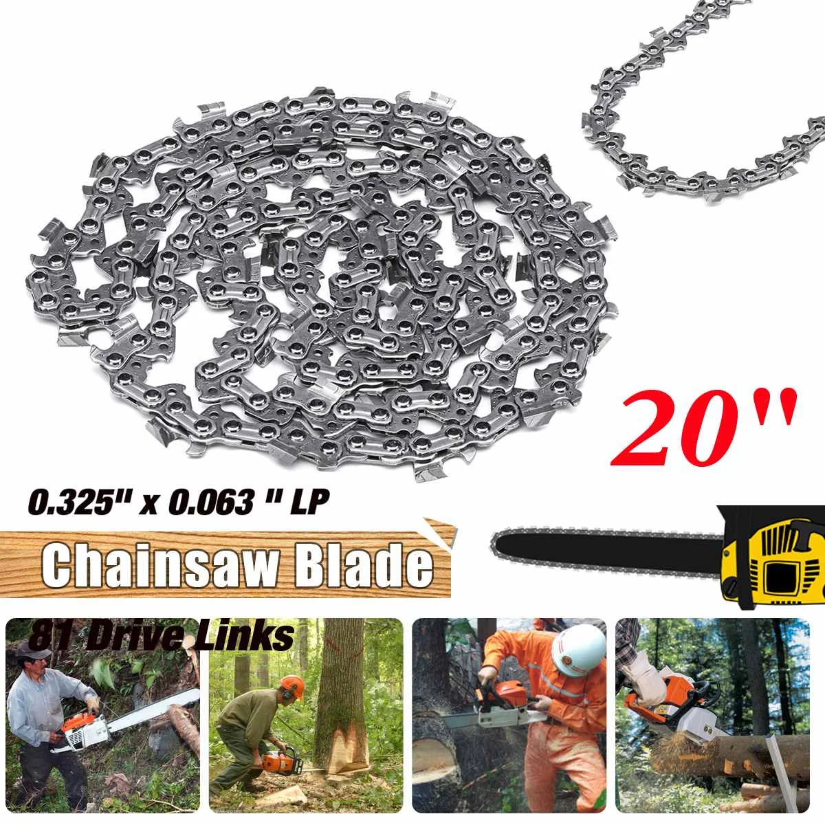 

New 81 Link 20 inch Bar 0.063 x 0.325" LP Chainsaw Chain Woodworking Alloy Garden Chains Saws Power Tool Parts