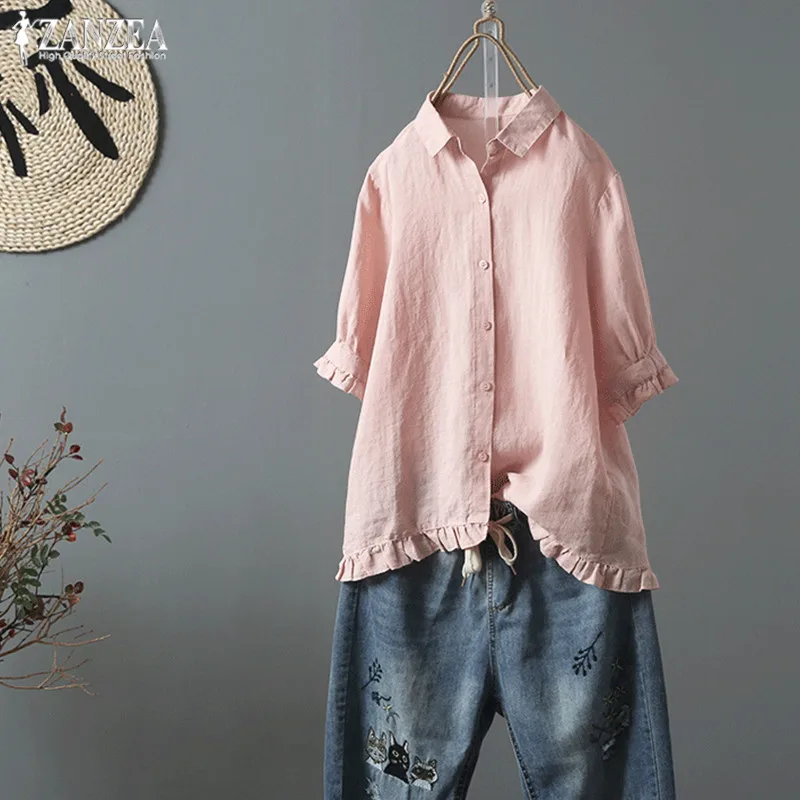 Рубашка с оборками больших размеров ZANZEA, Женская винтажная льняная блузка, Женская сорочка на пуговицах, рубашки с коротким рукавом, летние блузы, кафтан Топы