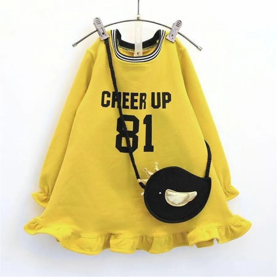 3 4 5 6 7 Years Kids Dresses For Girls Fashion Letter Print Thicken Princess Costume Plus Bags Long Sleeves Princesses | Детская одежда