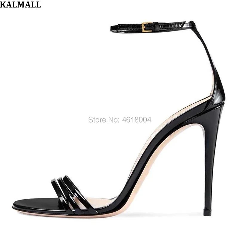 

KALMALL Celebrity Stage Patent Leather High-Heel Sandals Women Three Straps Thin Heels Ankle Strap Stilettos Open Toe Sandals