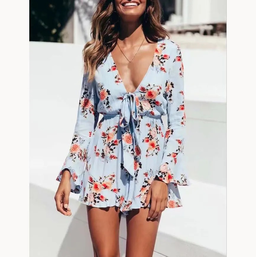 

Boho Women Floral Print Jumpsuit Elegant Long Sleeve Bow Short Jumpsuit Summer Ruffled Beach Sexy Rompers