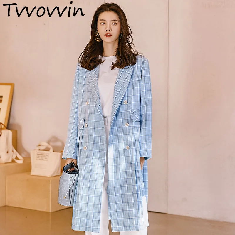 

TVVOVVIN 2019 New Blue Striped Patchwork Pleated Hemline Long Type Windbreaker For Women Overcoat Female Vestido E339