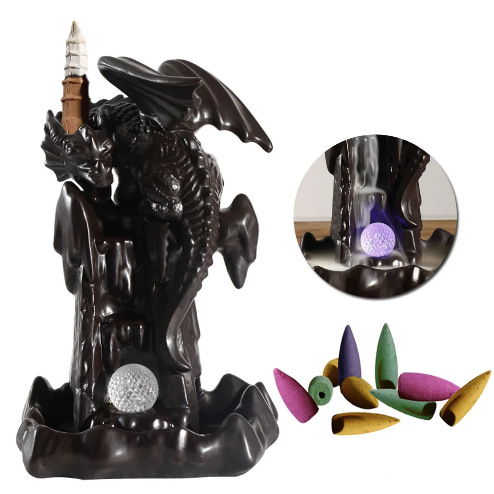

13.5*20cm Nordic Dragon Ceramic LED Light Waterfall Backflow Incense Burner Censer Home