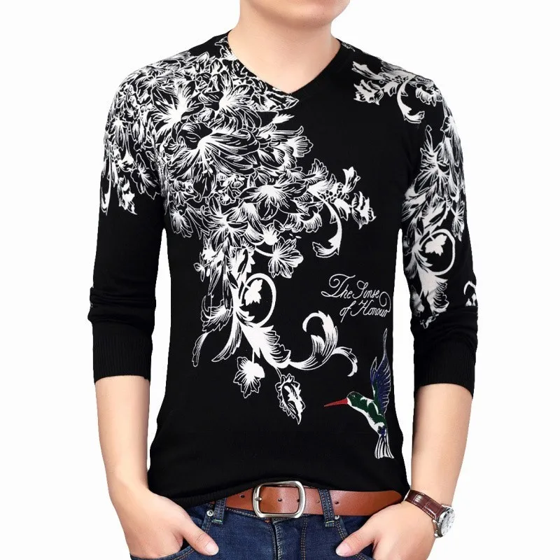 Мужской свитер с цветочным принтом облегающий Erkek Kazak Pull Homme Hiver 2019|Джемперы |
