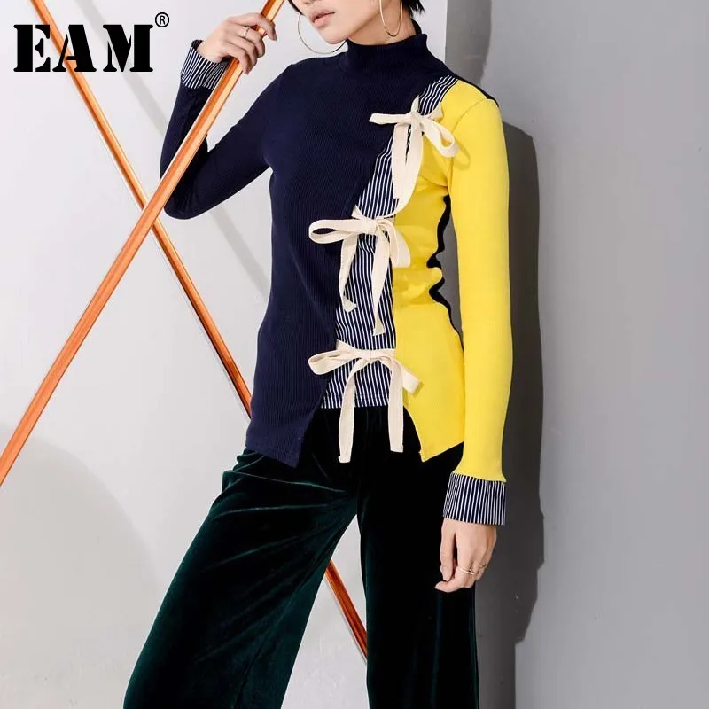 

[EAM] 2019 New Spring High Collar Long Sleeve Hit Color Loose Bandage Bow Hollow Out Knitting Puffover Women Fashion Tide JL901