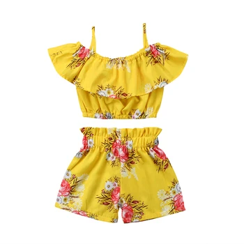 

2PCS Kids Baby Girl Floral Halter Ruffled Tops Off Shoulder Sleeveless Strap T-shirt Shorts Outfit Set Clothes