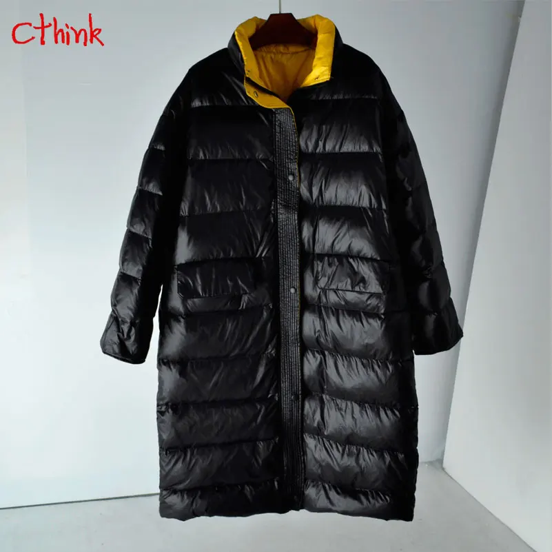 Goede Winter 2018 Goede Kwaliteit Down Jas Vrouwen Warm Fashion Contrast Kleur Solid Lange Witte Eendendons Jassen Stijlvolle Womens Bovenkleding