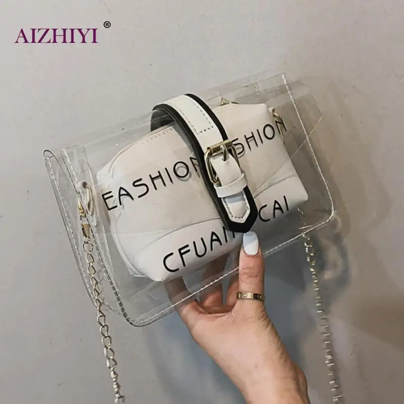 

2019 New Girls Transparent Letter Print 2pcs/set Clear Chain Crossbody Clutch Women Casual Shoulder Messenger Handbags