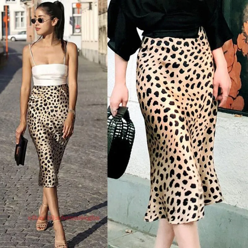 Leopard Print Skirt Women A-Line Elastic High Waist Sexy Long SkirtsSpring Summer Pleated Chiffon Vintage Party Midi Skirt