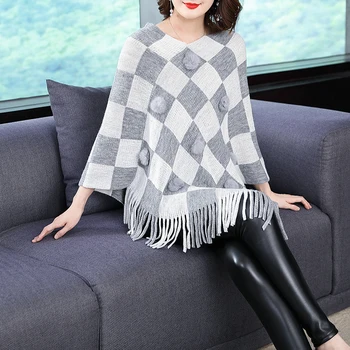 

New winter 2018 women pullover casual plaid knitted sweater shawl cloak female loose batwing type tassel plus size knitwear cape